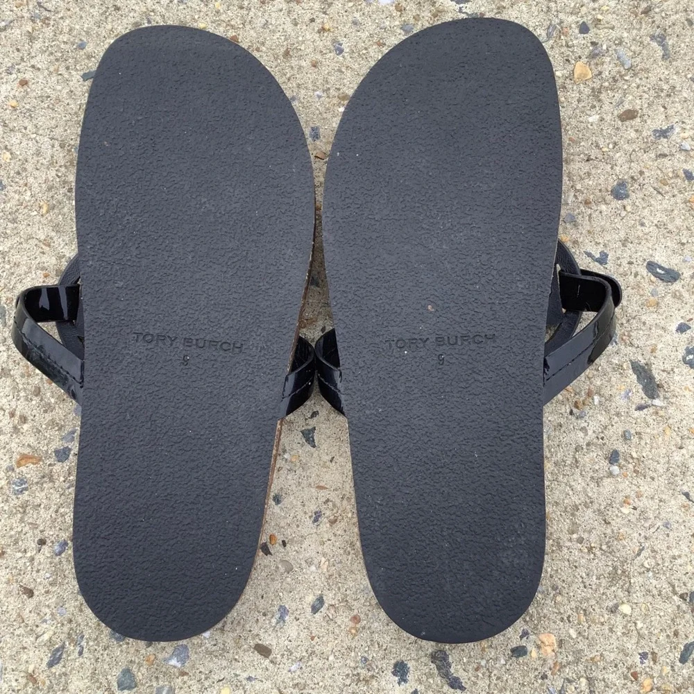 Tory Burch Miller Cloud Black Patent Leather Cork Footbed Thong Sandals Women 9M